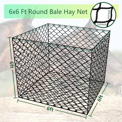 6x6 ft Round Bale Hay Net – Slow Feeder for Horses & Livestock, Extra Dense 2" Knotless Holes, Durable & Healthy Feeding Solution - size: 6 x 6 ft