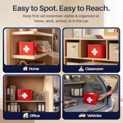 Flexzion Large Metal First Aid Box Empty, 8.5-Inch, Red with White Cross - color: Red, size: 8.5 Inch without Latch Lock