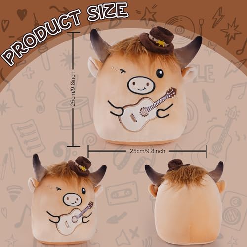 Highland Cow Stuffed Animal, 8 Inch Cute Country Cow Plush Toy with Guitar and Cowboy Hat, Soft Kawaii Plushie Pillow Gifts for Kids Boys Girls, Farm Animal Decor for Christmas Birthday Holiday - style: Country Cow