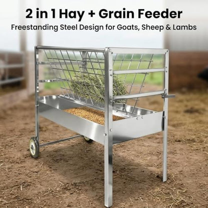 for Goats Sheep and Lambs Livestock Feeder, 2 in 1 Hay and Grain Freestanding Unit, Galvanized Steel Farm Feeder for Barn Pasture, Multi-Species Feeding Station