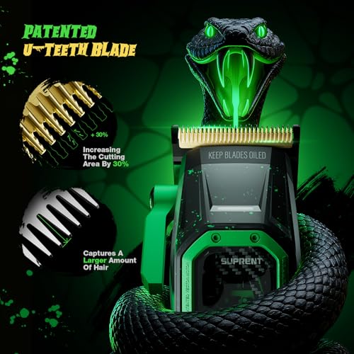 SUPRENT FANGS Professional Barber Clippers - High-Performance 13,000 RPM Vector Motor Hair Clipper Barber Trimmer Set, Professional Haircutting Kit with AI Speed Control, Patented U-Teeth Blade(black) - color: Black Green