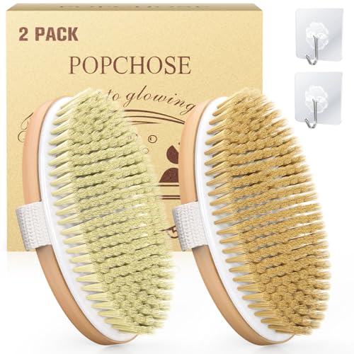 POPCHOSE Dry Brushing Body Brush, Natural Bristle Exfoliating Brush | Natural Boar Bristle Body Brush, Dry or Wet Exfoliating Shower Scrub Brush for Smoother Skin, Self Care Routine Gift - size: 2 Count (PP+Boar Bristles)