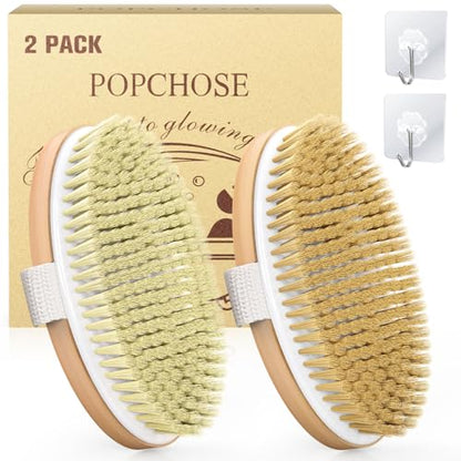 POPCHOSE Dry Brushing Body Brush, Natural Bristle Exfoliating Brush | Natural Boar Bristle Body Brush, Dry or Wet Exfoliating Shower Scrub Brush for Smoother Skin, Self Care Routine Gift - size: 2 Count (PP+Boar Bristles)