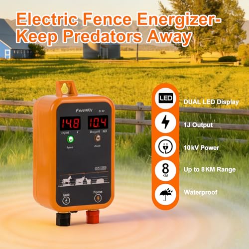 FarmNix 10KV Electric Fence Charger with LED Indicator, 5 Miles Electric Fence 1 Joules Pulse Energy,Waterproof Electric Fence Kit Suitable for Farm Animals,Pets,Poultry,Ranches and Gardens