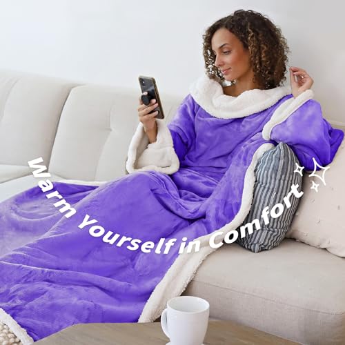 Catalonia Sherpa Wearable Blanket with Sleeves and Pocket for Adults - color: Purple, size: Standard Pocket