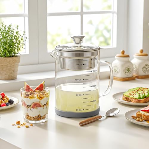 Jucoan Glass Bacon Grease Container with Strainer for Kitchen, 50 oz /1.5L High Borosilicate Glass Greek Yogurt Strainer, MultiFunctional Almond Soy Milk Nut Milk Juice Strainer Filter Pitcher