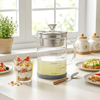 Jucoan Glass Bacon Grease Container with Strainer for Kitchen, 50 oz /1.5L High Borosilicate Glass Greek Yogurt Strainer, MultiFunctional Almond Soy Milk Nut Milk Juice Strainer Filter Pitcher