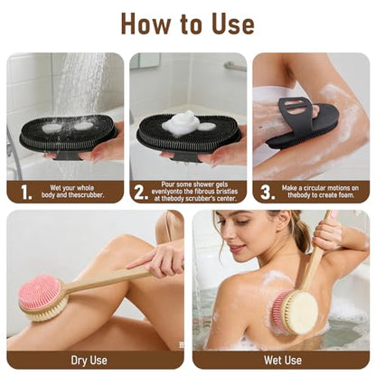 Silicone Body Back Scrubber for Shower 2 Pack, Long Handle Scrub Brush - color: Pink & Black