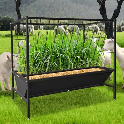 2-in-1 Heavy Duty Steel Hay & Grain Feeder Set – 45 Gallon Hay Trough with 24 Gallon Feed Pan, Durable Livestock Feeder Rack for Sheep, Goats, Calves, Cows, Horses