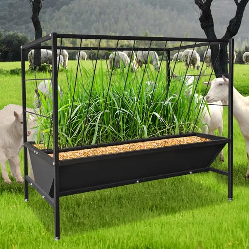 Hay Feeder for Goats, 2 in 1 Goat Feeder Trough 45 Gallon Hay Rack & 24 Gallon Grain, Heavy Duty Galvanized Steel Livestock Feeder for Horse Sheep Cattle Goat, Black
