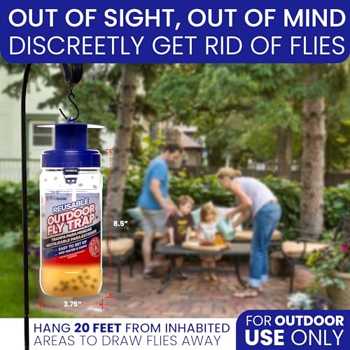 1 Reusable Outdoor Fly Trap with Chains with 8 Non-Toxic Dissolvable Bait Refills