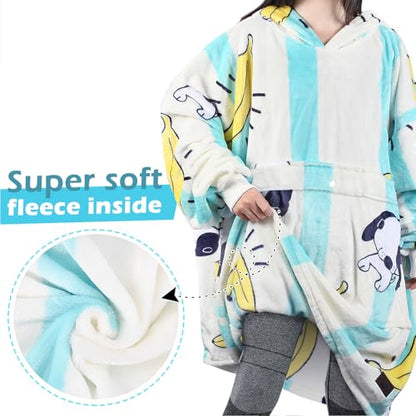 Catalonia Oversized Blanket Hoodie, Banana Dog Fleece Wearable Blanket - color: Banana Dog White