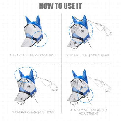 Horse Fly Mask,Horse Fly Mask with Nose,Masks for Horses with Ears,Ear Bonnet for Horses,Donkey Mask Fabric with Purple Line Protection Soft Mesh for Horse Summer (Blue, S)