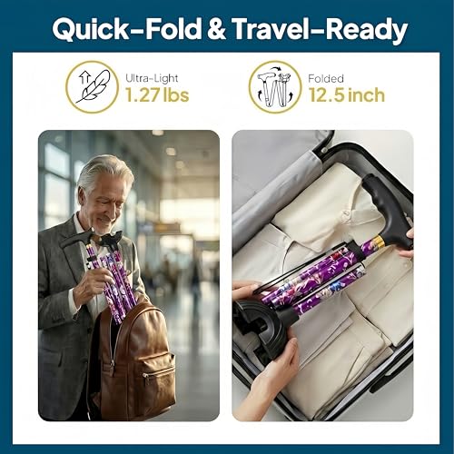 Walking Cane with LED Light, Foldable,Adjustable, Self Standing Walking Canes for Men & Women,Walking Sticks with Quad Base for Seniors & Adults - color: Purple flowers