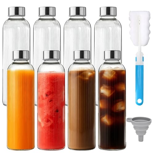 Ribbed Glass Water Bottles with Lids, 18 oz Reusable Juice Bottles with Stainless Steel Lid, 100% Leak Proof, BPA Free, Juicing Beverage Storage Containers for Refrigerator(Set of 8) - color: 8 PACK