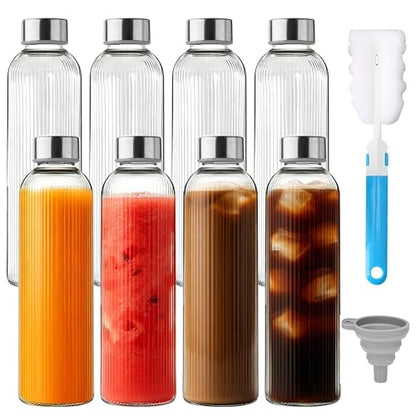 Ribbed Glass Water Bottles with Lids, 18 oz Reusable Juice Bottles with Stainless Steel Lid, 100% Leak Proof, BPA Free, Juicing Beverage Storage Containers for Refrigerator(Set of 8) - color: 8 PACK
