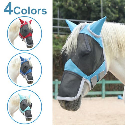 Horse Fly Mask with Ears & Long Nose, Fine Mesh Pale Blue Full - color: Pale Blue, size: Full