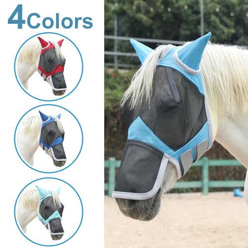 Horse Fly Mask with Ears & Long Nose, Fine Mesh Pale Blue Full - color: Pale Blue, size: Full