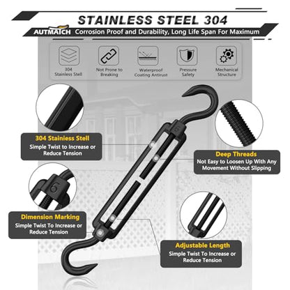 AUTMATCH M6 Hook&Hook Turnbuckle - 304 Stainless Steel Wire Rope Tensioner | Adjustable Turnbuckle for Cable Railing, Fence & Shade Sail Hardware, Wire Rope Tension Kit, 6-Pack, Black - color: Black Tone - Hook & Hook, size: M6