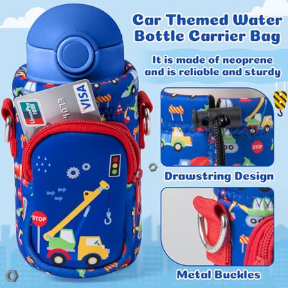 Water Bottle Carrier Bag with Strap for Kids - Water Bottle Bag Holder with Padded Strap Pocket 10/12/14/16/18Oz for Boys Girls School Walking Hiking Camping - style: Cartoon Car
