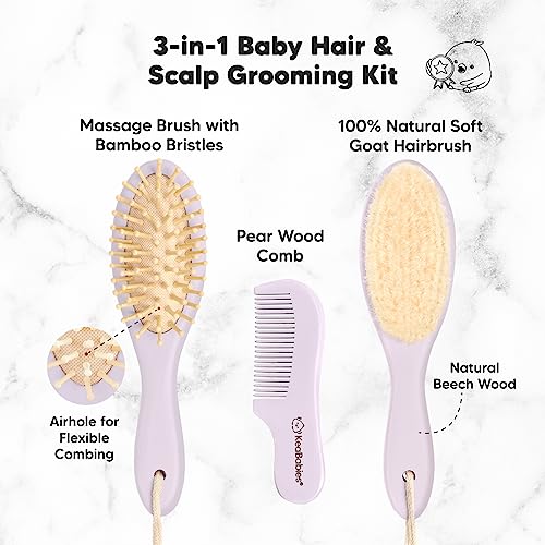 KeaBabies Baby Hair Brush and Baby Comb Set and KeaBabies Baby Hooded Towel - Wooden Baby Brush with Soft Goat Bristle, Bamboo Viscose Baby Towel