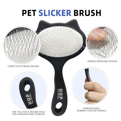 HOP Black Cat Head Pets Slicker Brush for Dogs and Cats 7.17in/18.2cm | Stainless Steel Pin,Dog Shedding&Dematting Comb,Pet Grooming Brush for Short Haired Pet,Remove Loose Hair Mats Knots Tangles