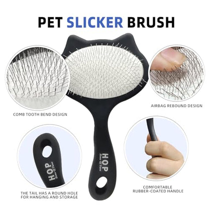 HOP Black Cat Head Pets Slicker Brush for Dogs and Cats 7.17in/18.2cm | Stainless Steel Pin,Dog Shedding&Dematting Comb,Pet Grooming Brush for Short Haired Pet,Remove Loose Hair Mats Knots Tangles