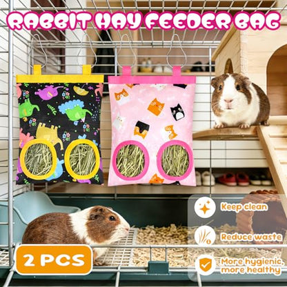2 Pack Rabbits Hay Feeder Bag, 2 Holes Hanging Bunny Hay Feeder Guinea Pig Feeding Bag Storage Dispenser for Bunny Rabbits Chinchillas Hamsters Small Pets and Animals - color: Pink Yellow