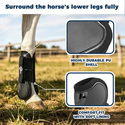 Horse Boots Set of 4, Open Front Tendon Boots & Hind Fetlock Boots, Shock-Absorbing Horse Leg Protection for Jumping, Riding and Competition (Black, Full Size)