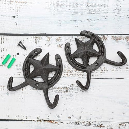JUXYES Heavy Duty Cast Iron Western Horseshoe Star Hat Hook with 2 Hanger - size: 4 Pack