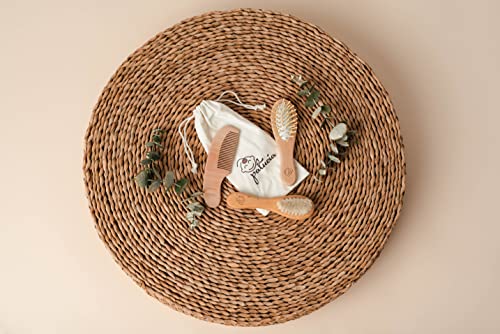 Infant Hair Brush and Comb Set for Newborns and Toddlers - Natural Wooden Hairbrush with Soft Goat Bristles for Cradle Cap - Perfect Scalp Grooming Massage for Baby Registry Gift