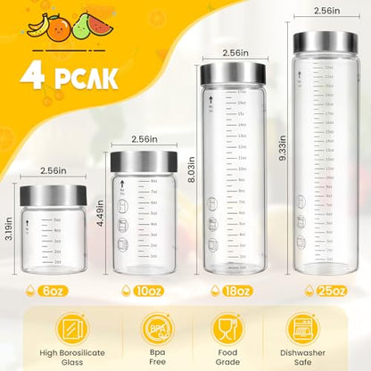 Glass Juice Bottles with Lids, 6 Oz Wide Mouth Glass Water Bottles, for Juicing, Protein, Smoothie, Milk, BPA Free, Stainless Steel Lids, Shaker Bottles (6 Oz / 4 Pack) - size: 6 Oz--4 Pack