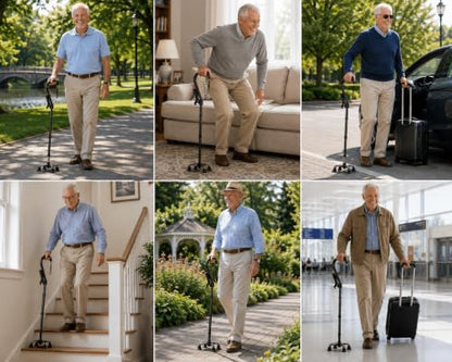 Walking Cane with 4 Prongs and Extra Side Handle – Adjustable, for Balance & Stability for Adults, Seniors, and Injured. - color: Black