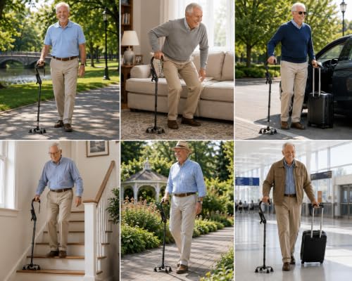 Walking Cane with 4 Prongs and Extra Side Handle – Adjustable, for Balance & Stability for Adults, Seniors, and Injured. - color: Black