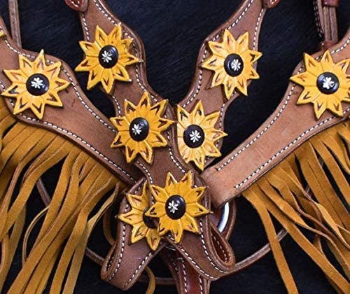 Showman Sunflower Overlay Browband Headstall & Breast Collar Set w/Fringe & Reins! New Horse TACK!