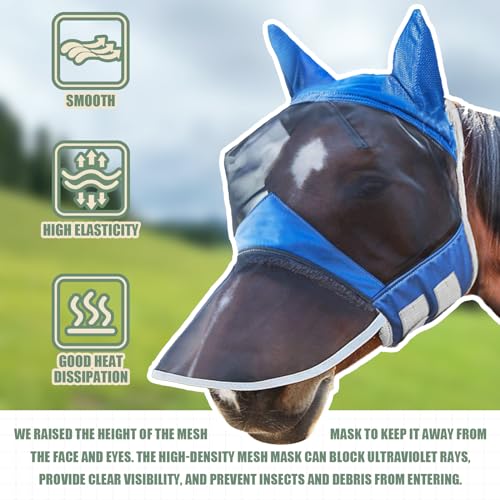 Horse Fly Mask,Horse Fly Mask with Nose,Masks for Horses with Ears,Ear Bonnet for Horses,Donkey Mask Fabric with Purple Line Protection Soft Mesh for Horse Summer (Blue, S)