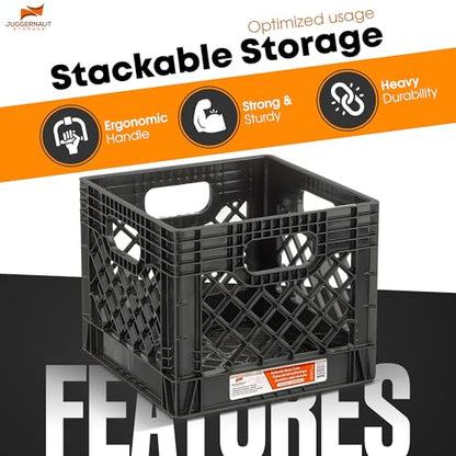 Juggernaut Storage Heavy Duty Milk Crates, 4 Handles, 16 Qt, Black, 4-Pack - color: Black, size: 16 Quart 4-pack