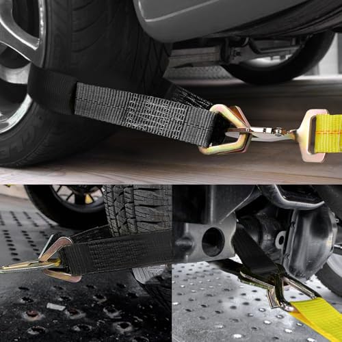 2" × 29" Premium Axle Tie Down Strap with D Rings, Heavy Duty Car Tire Wheel Tie-Down with Protective Sleeve, 6614 Lbs Adjustable Axle Tow Strap for Securing Vehicle Transport (Black) - color: Black