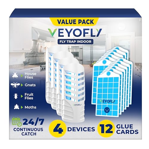 VEYOFLY Fruit Fly Traps Indoor Plug-in UV, Gnat Trap, 4 Device + 12 Refills | UV light attracts insects to glue cards, silent 24/7, plug-in setup, replaceable cards, indoor use, no zapper - color: White, size: 4 Devices + 12 Refills
