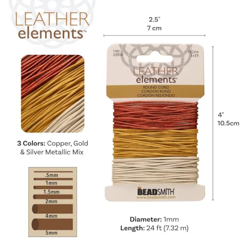 The Beadsmith Leather Cord – Copper, Gold & Silver Metallic Mix – 1mm Diameter – 24 Feet Per Card – Indian Thong for Braiding, Beading, Necklaces, Fine Lacing, Hair Accessories & DIY Jewelry Making - size: 1mm, style: Copper, Gold & Silver Metallic – 24 F