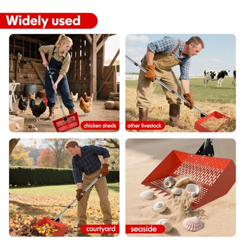 Chicken Coop Scoop (22 to 75") Chicken Coop Rake and Scoop with Grip 5 Section Extra Long Handle Chicken Pooper Scooper for Sand Metal Chicken Cleaning Tools Livestock Rake (Orange) - color: Orange