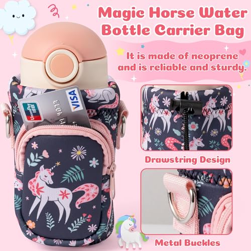 Water Bottle Carrier Bag with Strap for Kids - Water Bottle Bag Holder with Padded Strap Pocket 10/12/14/16/18Oz for Boys Girls School Walking Hiking Camping - style: Magic Horse