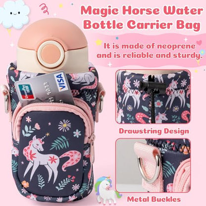 Water Bottle Carrier Bag with Strap for Kids - Water Bottle Bag Holder with Padded Strap Pocket 10/12/14/16/18Oz for Boys Girls School Walking Hiking Camping - style: Magic Horse