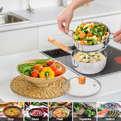 DEAYOU Stainless Steel Saucepan with Steamer, 1.2 Quart Yukihira Sauce Pan with Lid, Traditional Japanese Small Cooking Pot with Wood Handle and Two Side Spouts for Milk, Ramen, Soup, Tempura, 7"