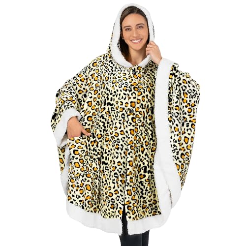 PAVILIA Hooded Blanket Poncho for Women Fleece Wearable Shawl Wrap, Cheetah | Fleece Shawl Wrap with Hood, Adult Wearable Blanket, Cozy Warm Poncho Cape Throw with Pockets, Gift for Elderly Mom - color: Cheetah