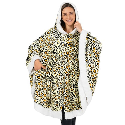 PAVILIA Hooded Blanket Poncho for Women Fleece Wearable Shawl Wrap, Cheetah | Fleece Shawl Wrap with Hood, Adult Wearable Blanket, Cozy Warm Poncho Cape Throw with Pockets, Gift for Elderly Mom - color: Cheetah