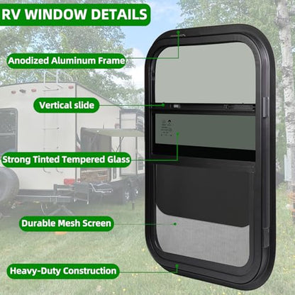 14"W x 22"H RV Windows for Cargo Trailer Camper,Tinted Vertical Sliding - size: 14"W x 22"H