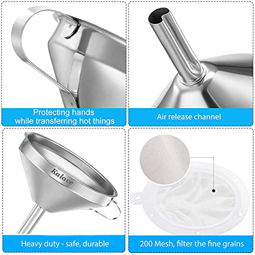 KALAVE Premium Stainless Steel Funnel, 5 Inch Food Grade Kitchen Funnels with 200 Mesh Food Filter Strainer for Filling Bottles, Oils, Juice, Wine, Coffee, Milk