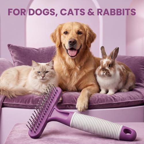 POODLIE Poodle Pet Dog Grooming Rake| Dematting Tool with Stainless Steel Shedding Comb for Pets | 2 Rows of Pins Gently Remove Loose or Tangled Hair from Undercoat | Purple Handle - color: Purple