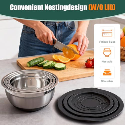 Stainless Steel Mixing Bowls Set with Lids & Silicone Base,7‑Piece Set - color: Black